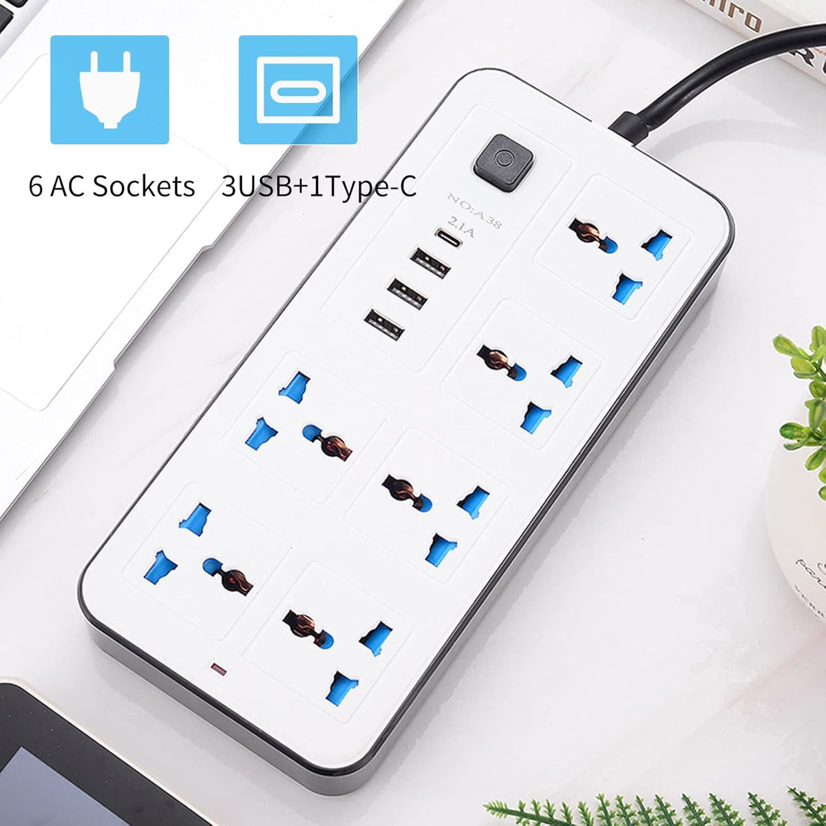 Regleta Multi Puertos con 6 Tomas, 3 USB y 1 Puerto Tipo C – Protección y Versatilidad
