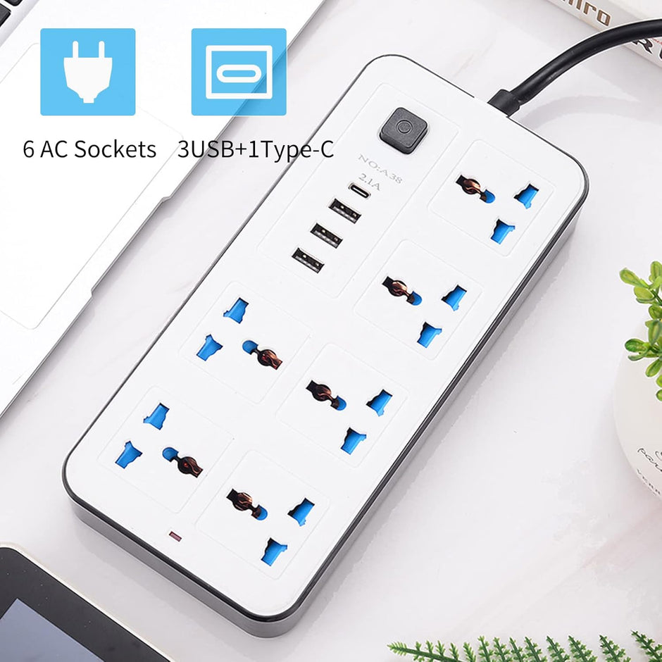 Regleta Multi Puertos con 6 Tomas, 3 USB y 1 Puerto Tipo C – Protección y Versatilidad