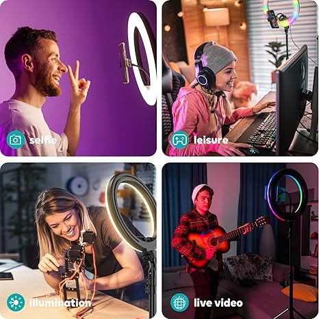 Aro de Luz LED RGB con Base Ajustable para Celular – Ideal para Selfies, Videos y Videollamadas