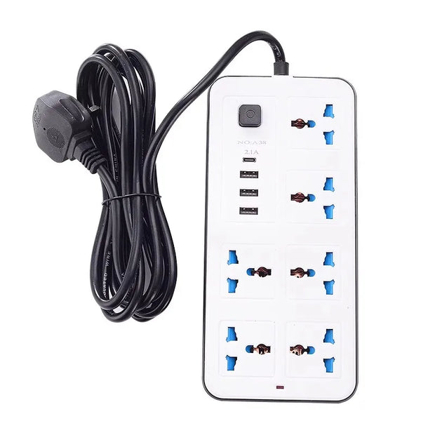 Regleta Multi Puertos con 6 Tomas, 3 USB y 1 Puerto Tipo C – Protección y Versatilidad
